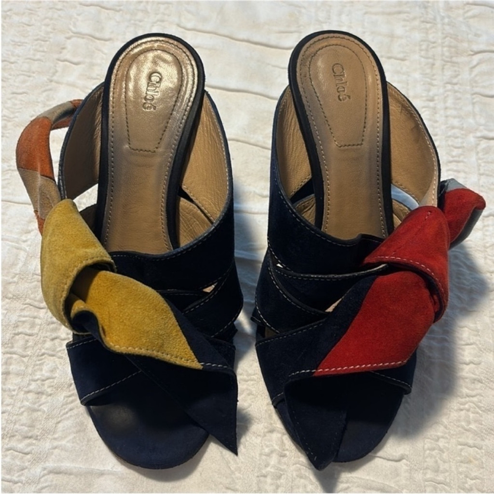 Chloé Nellie Suede Sandals Slip On Block Heel Knot Detail Navy Blue Women's US 5 - Picture 4 of 13